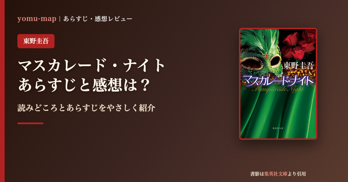 マスカレード・ナイト（東野圭吾）のあらすじと感想を紹介するレビュー記事のアイキャッチ画像。書影は集英社文庫より引用。