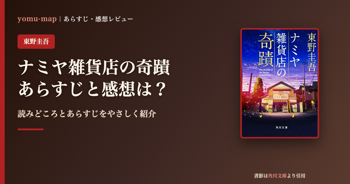 ナミヤ雑貨店の奇蹟(東野圭吾)のあらすじと感想を紹介するレビュー記事のアイキャッチ画像。書影は角川文庫より引用。
