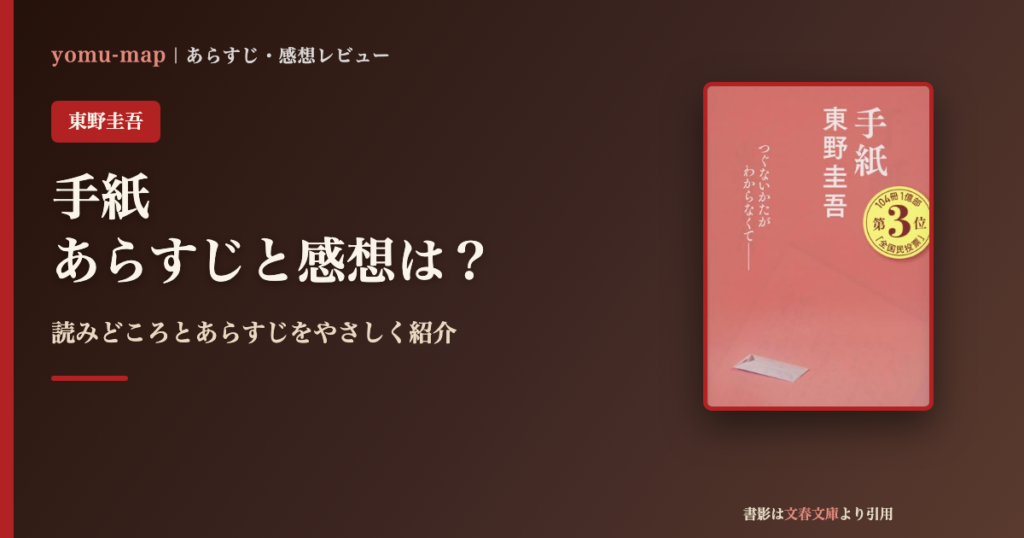 手紙（東野圭吾）のあらすじと感想を紹介するレビュー記事のアイキャッチ画像。書影は文春文庫より引用。
