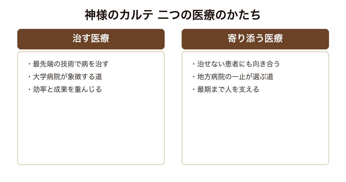 『神様のカルテ』を、病を治す医療と、患者に寄り添う医療という二つのかたちの対比で示した比較図。