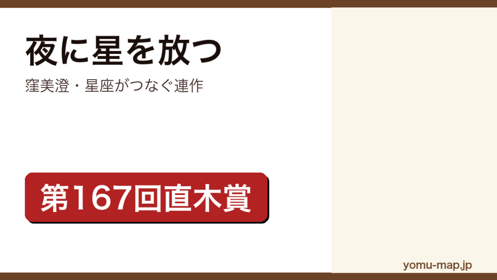 窪美澄『夜に星を放つ』のサムネイル。第167回直木賞を受賞した星座をモチーフにした連作短編集であることを示す。