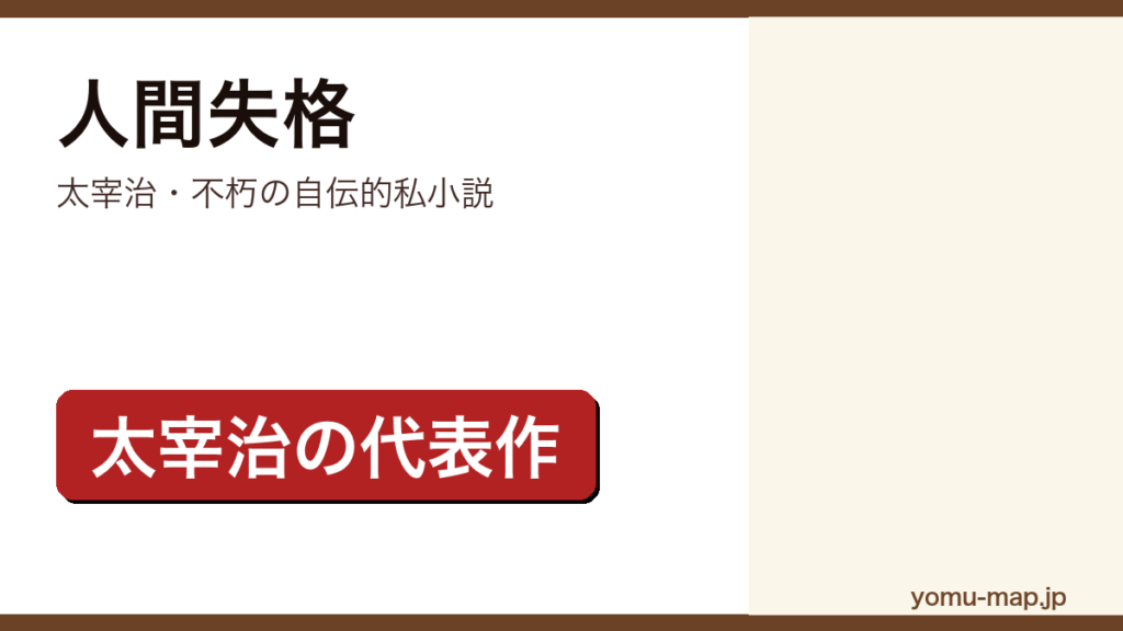 太宰治『人間失格』のサムネイル。「恥の多い生涯」で知られる不朽の自伝的私小説であることを示す。