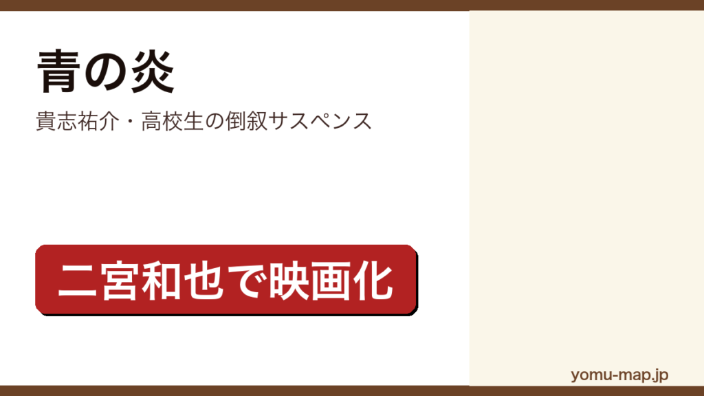 貴志祐介『青の炎』のサムネイル。高校生が完全犯罪に挑む倒叙サスペンスで二宮和也主演で映画化されたことを示す。